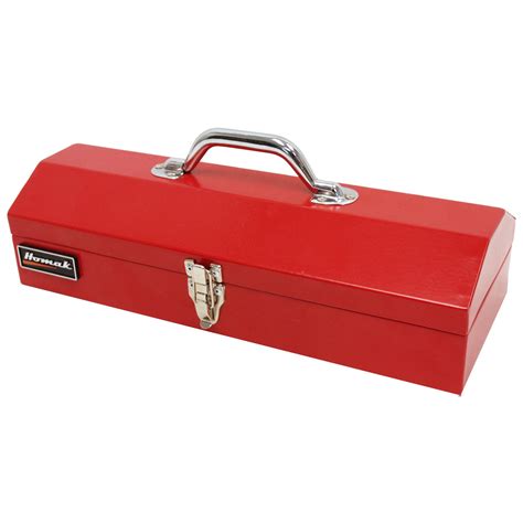 small red metal tool box|red and black toolbox.